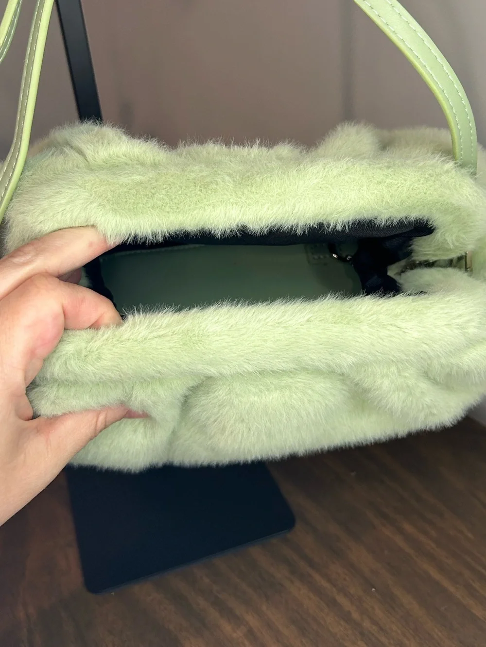 Anthropologie NWT Sage Green Faux Fur Shoulder Crossbody Bag with Pouch